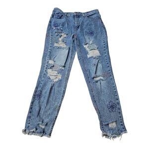 TINSELTOWN High Waist Mom Jeans Distressed Flower Embroidery Size 13